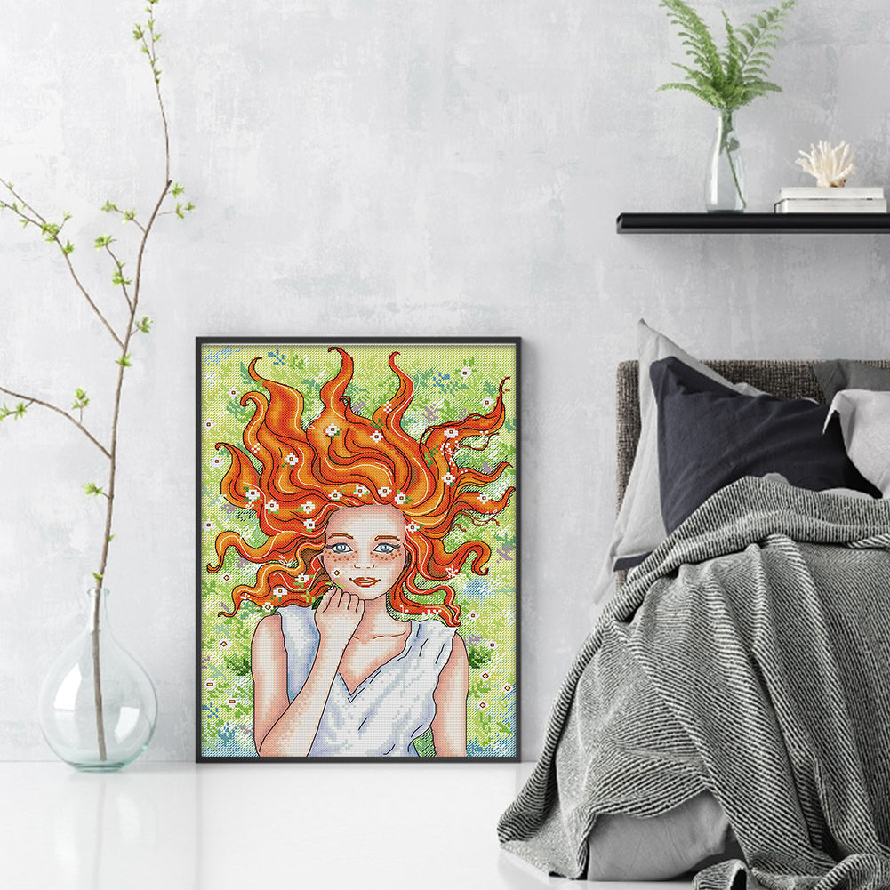 Red-Haired Girl - 14CT Stamped Cross Stitch 28*38CM(Joy Sunday)