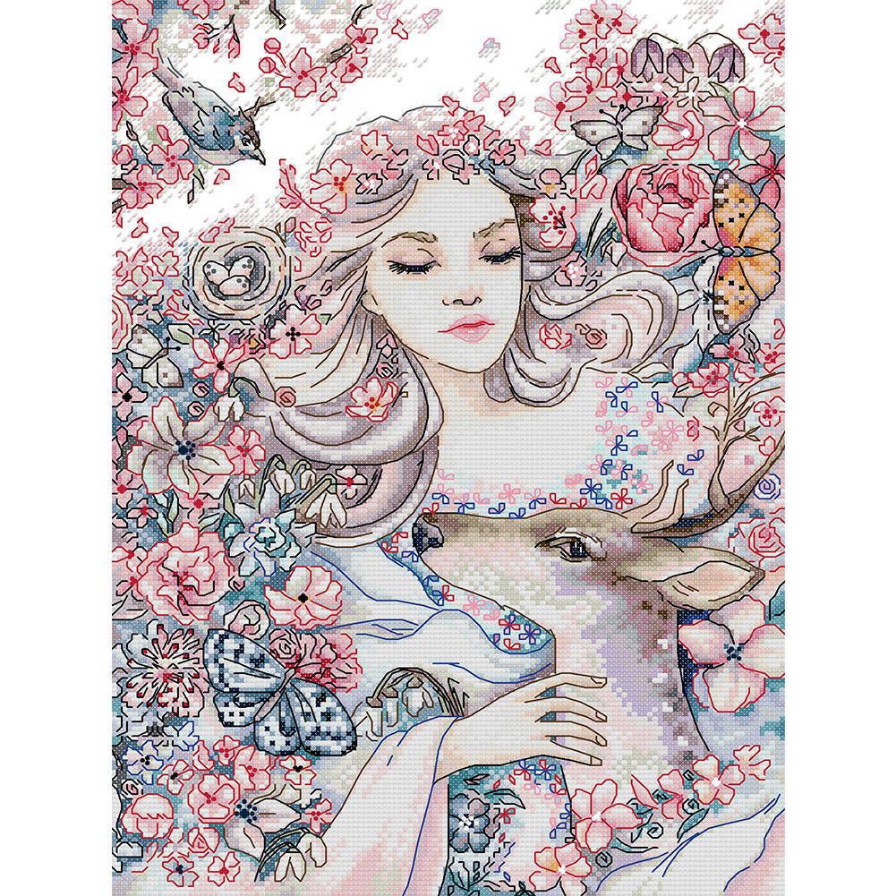 Girl And Deer - 14CT Stamped Cross Stitch 31*42CM(Joy Sunday)