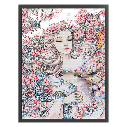 Girl And Deer - 14CT Stamped Cross Stitch 31*42CM(Joy Sunday)