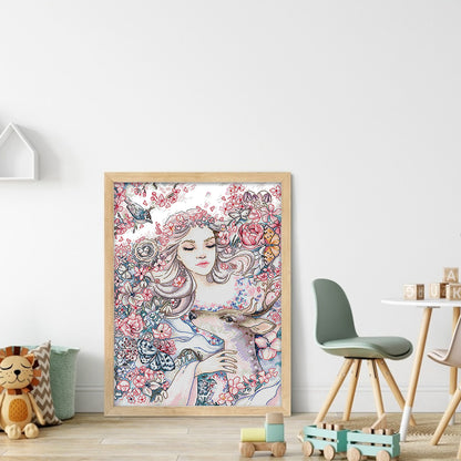 Girl And Deer - 14CT Stamped Cross Stitch 31*42CM(Joy Sunday)