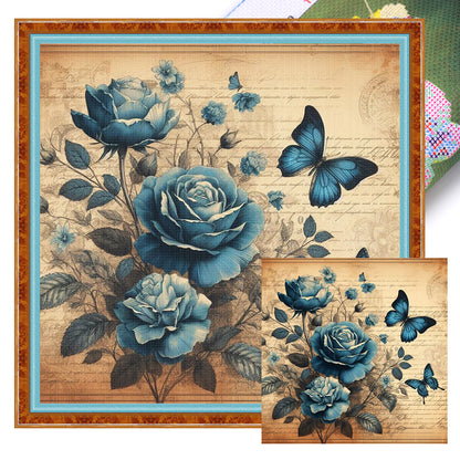 Blue Rose Butterfly - 11CT Stamped Cross Stitch 40*40CM