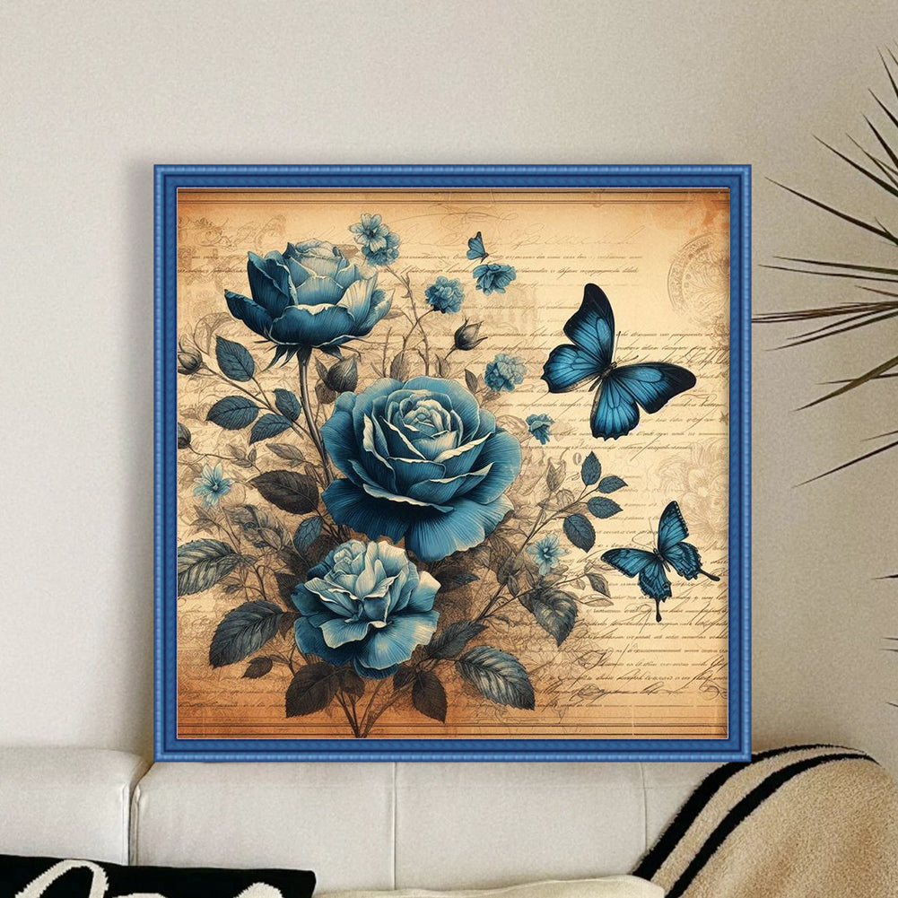 Blue Rose Butterfly - 11CT Stamped Cross Stitch 40*40CM