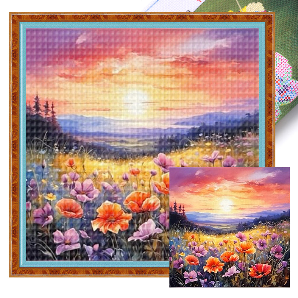 Poppy Flower Landscape - 11CT Stamped Cross Stitch 40*40CM