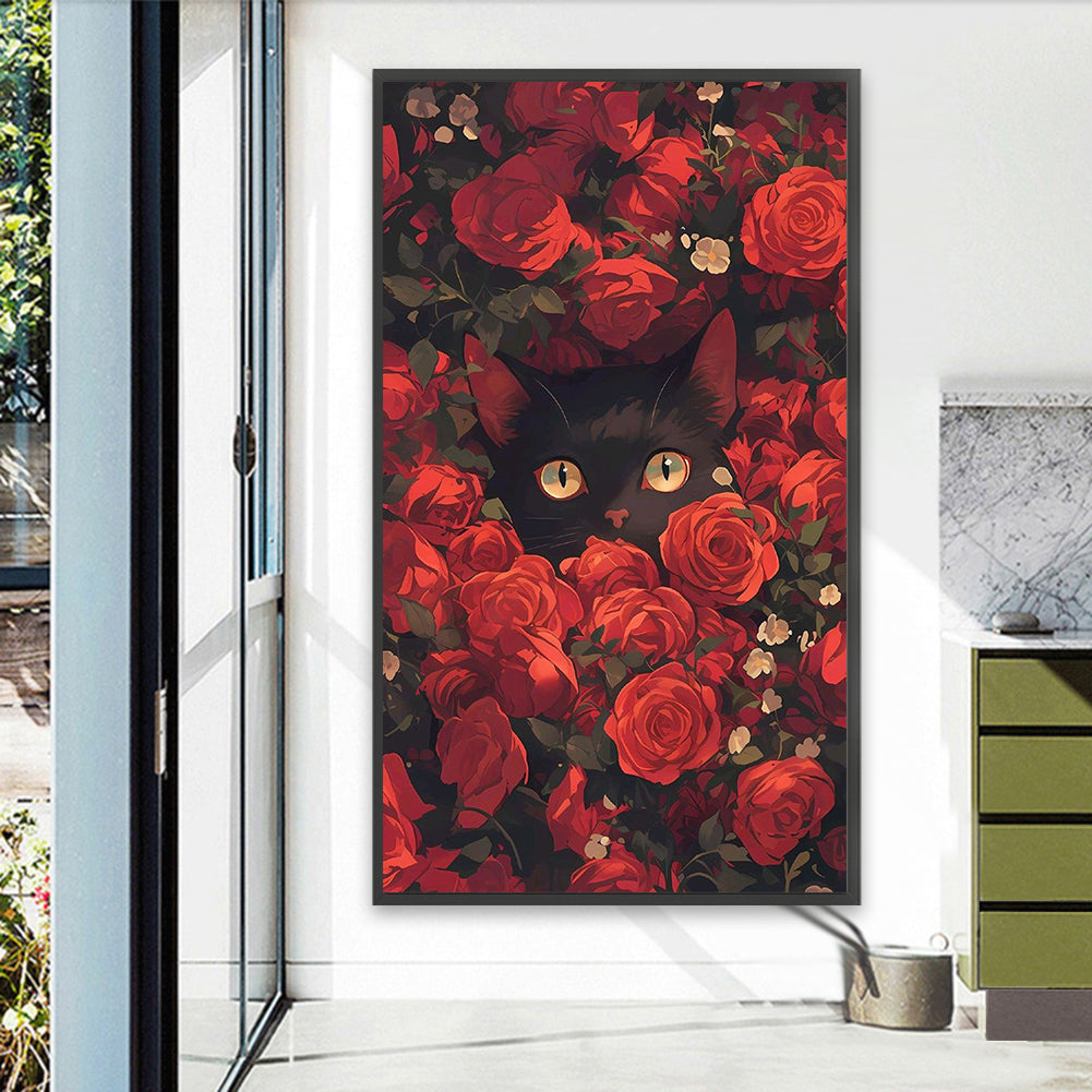 Cat In Red Rose - Full Round Drill Diamond Painting 40*70CM