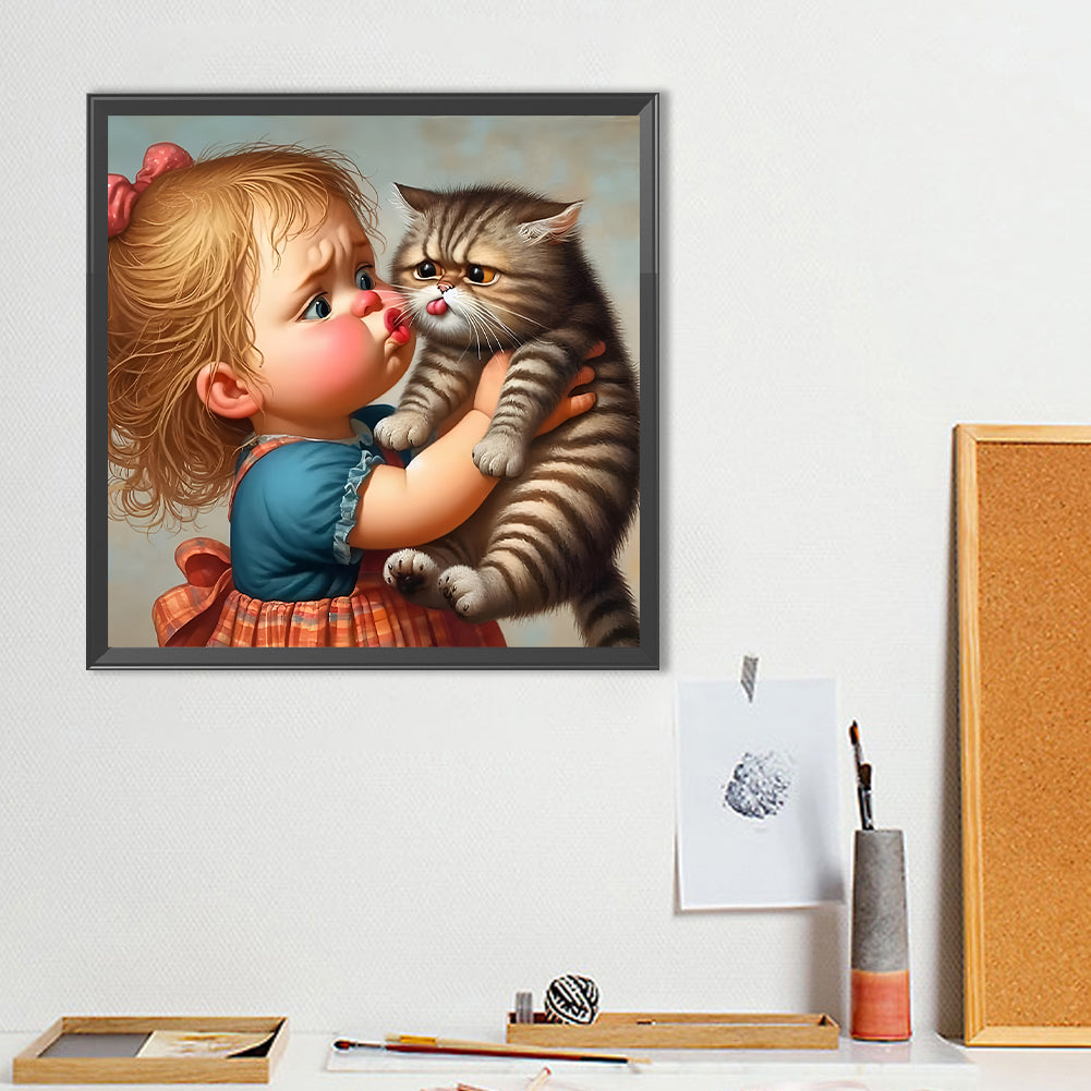 Little Girl And Kitten - Full Round Drill Diamond Painting 40*40CM
