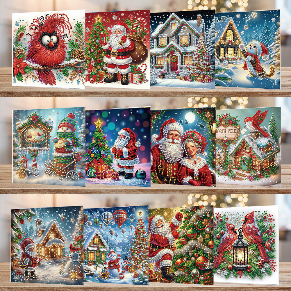 12PCS DIY Diamond Art Greeting Cards Xmas Designs for Festivals and Celebrations