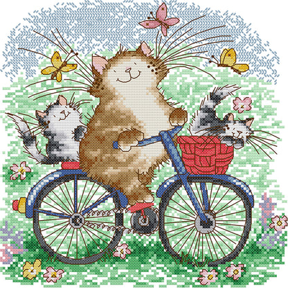 Cat Family On A Bike Trip - 14CT Stamped Cross Stitch 28*28CM(Joy Sunday)
