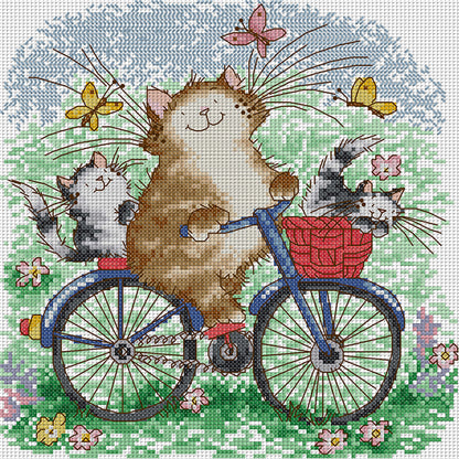 Cat Family On A Bike Trip - 14CT Stamped Cross Stitch 28*28CM(Joy Sunday)