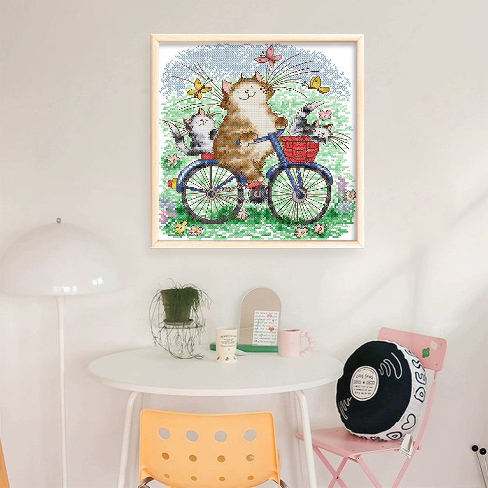 Cat Family On A Bike Trip - 14CT Stamped Cross Stitch 28*28CM(Joy Sunday)