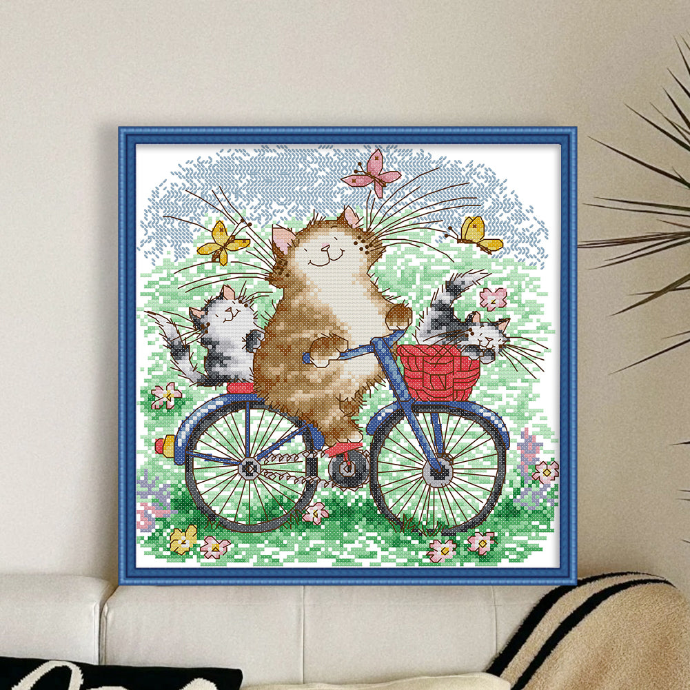Cat Family On A Bike Trip - 14CT Stamped Cross Stitch 28*28CM(Joy Sunday)
