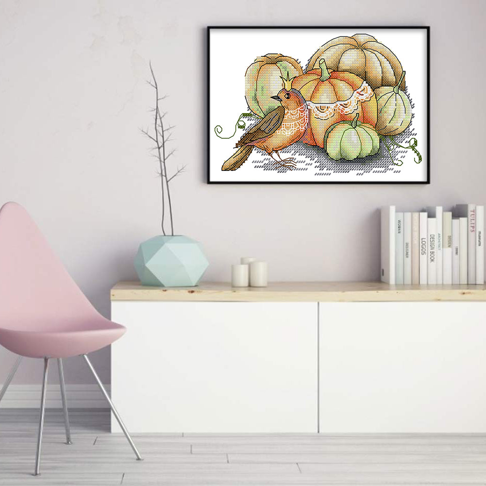 Pumpkin And Bird - 14CT Stamped Cross Stitch 22*16CM(Joy Sunday)