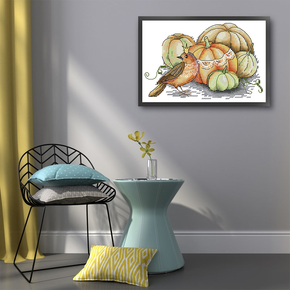 Pumpkin And Bird - 14CT Stamped Cross Stitch 22*16CM(Joy Sunday)