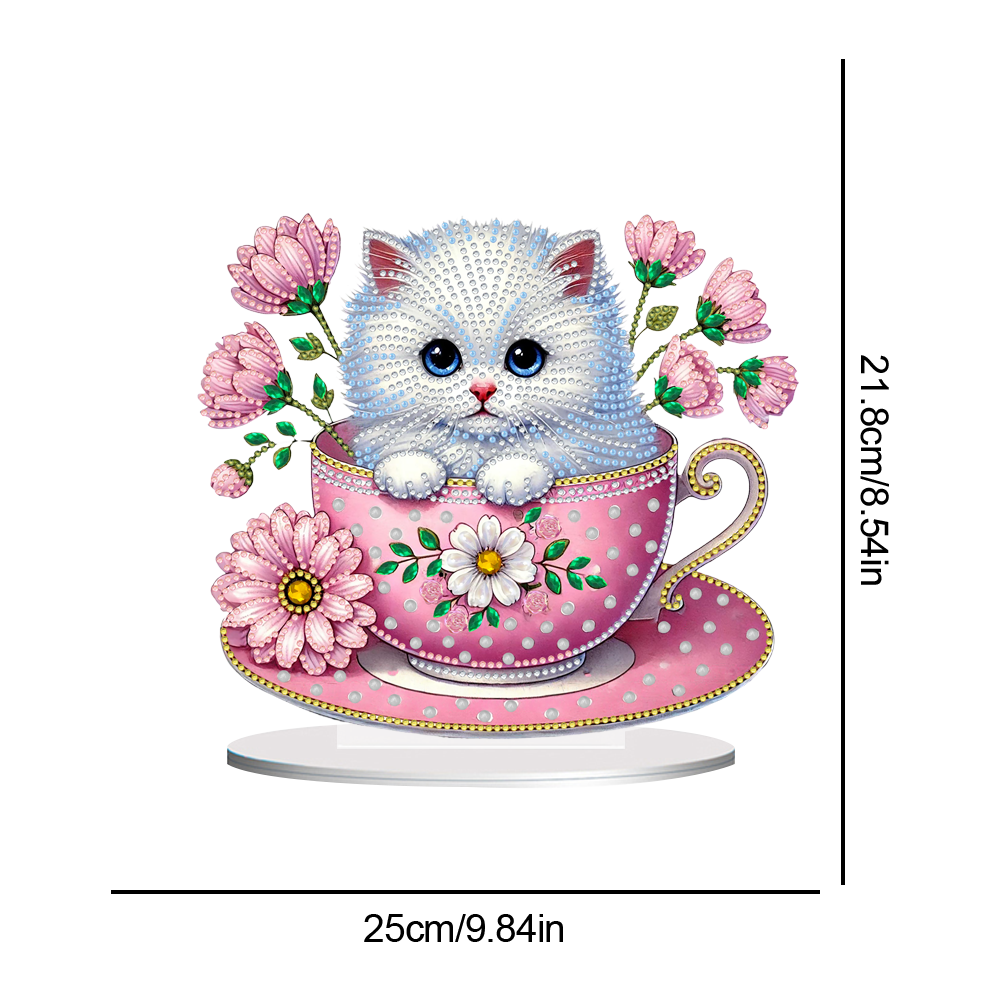 2D Flat Print Teacup Cat DIY Desktop Diamond Art Kits Bedroom Table Decoration