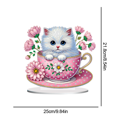 2D Flat Print Teacup Cat DIY Desktop Diamond Art Kits Bedroom Table Decoration