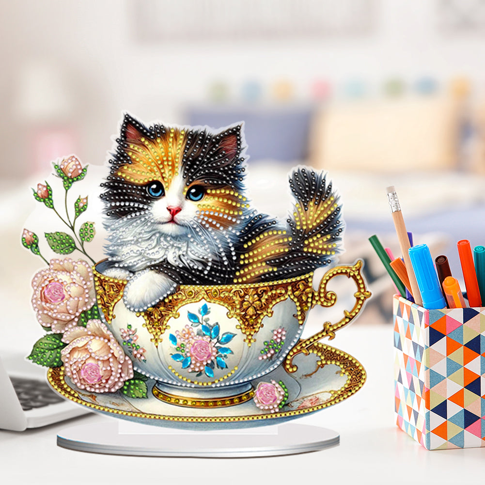 2D Flat Print Teacup Cat DIY Desktop Diamond Art Kits Bedroom Table Decoration