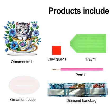 2D Flat Print Teacup Cat DIY Desktop Diamond Art Kits Bedroom Table Decoration