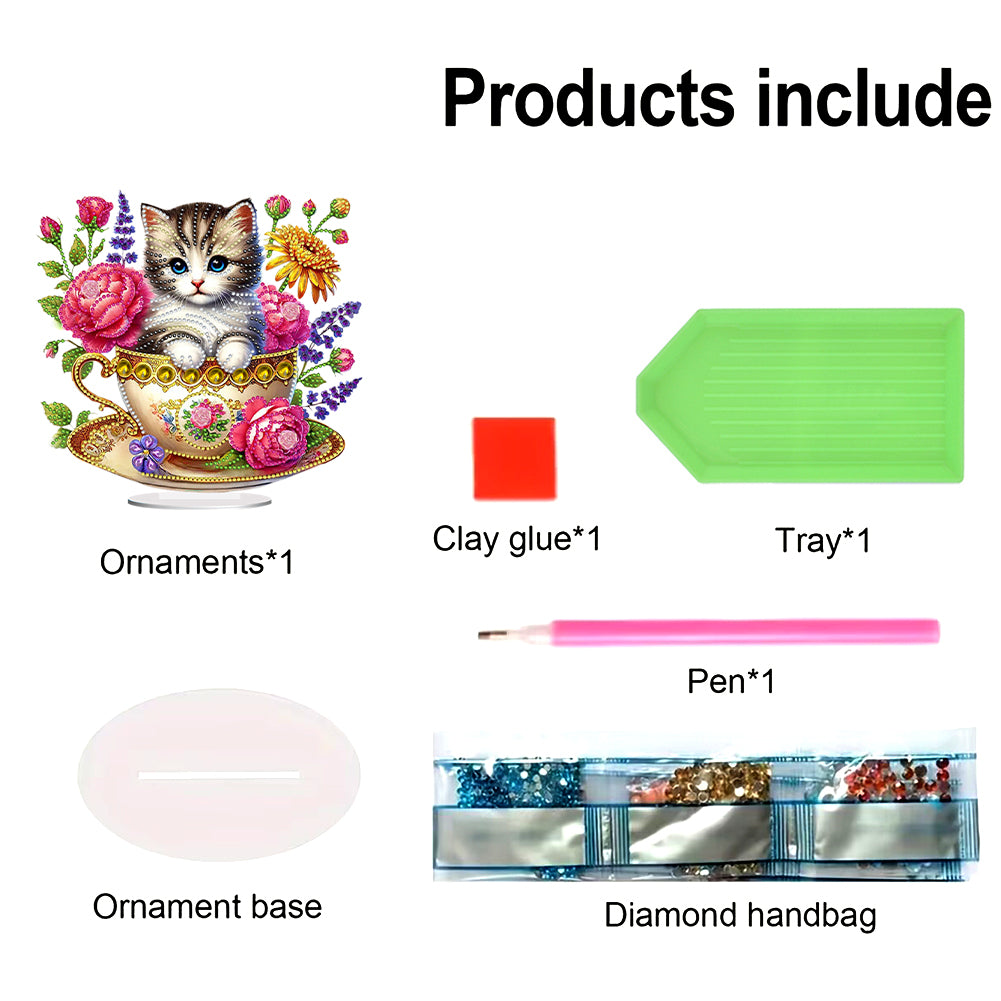 2D Flat Print Teacup Cat DIY Desktop Diamond Art Kits Bedroom Table Decoration