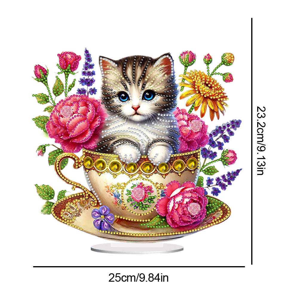 2D Flat Print Teacup Cat DIY Desktop Diamond Art Kits Bedroom Table Decoration
