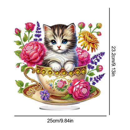 2D Flat Print Teacup Cat DIY Desktop Diamond Art Kits Bedroom Table Decoration