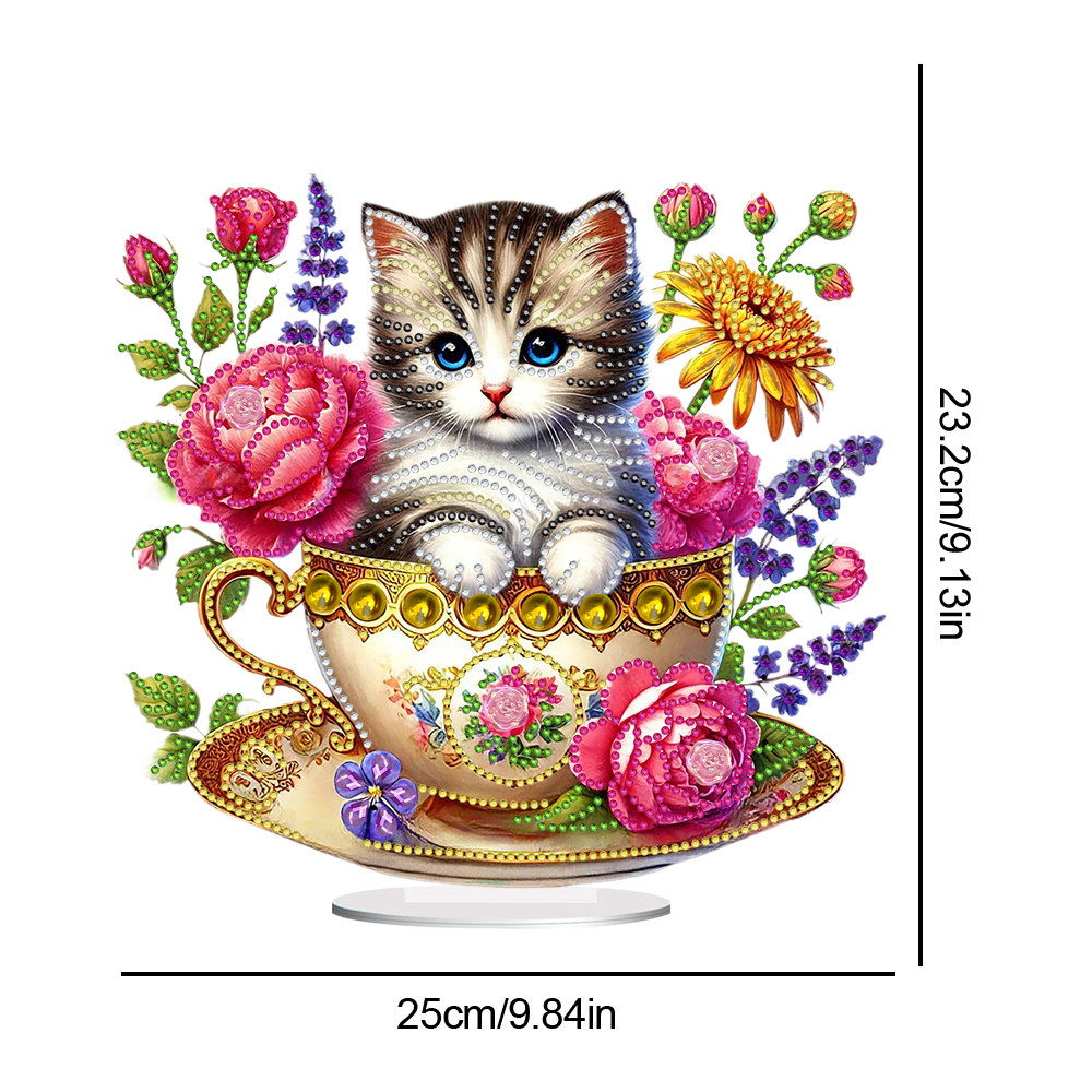 2D Flat Print Teacup Cat DIY Desktop Diamond Art Kits Bedroom Table Decoration