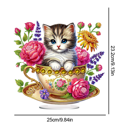 2D Flat Print Teacup Cat DIY Desktop Diamond Art Kits Bedroom Table Decoration