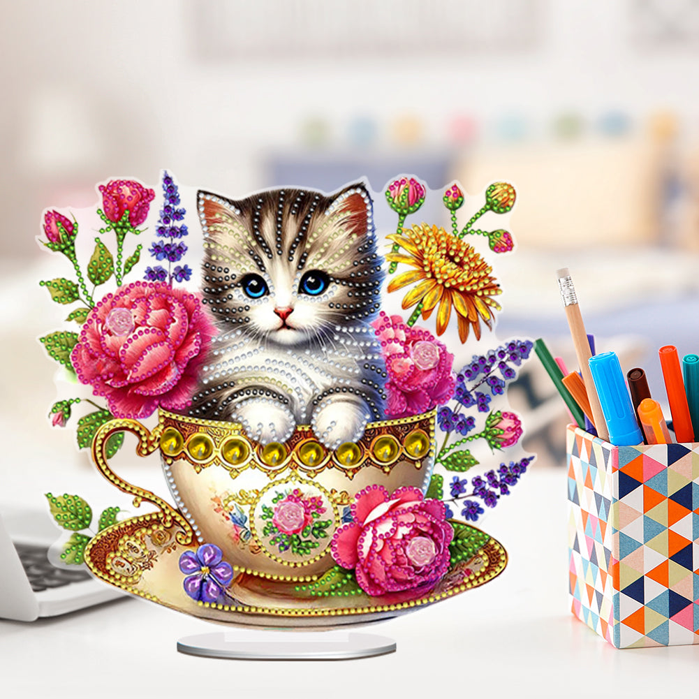 2D Flat Print Teacup Cat DIY Desktop Diamond Art Kits Bedroom Table Decoration