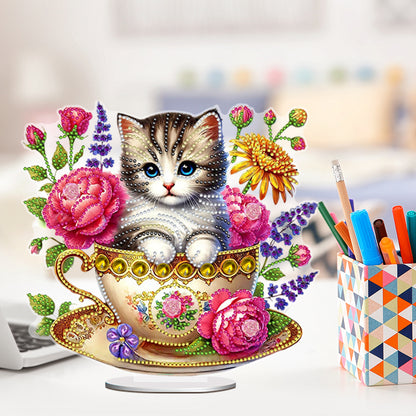 2D Flat Print Teacup Cat DIY Desktop Diamond Art Kits Bedroom Table Decoration