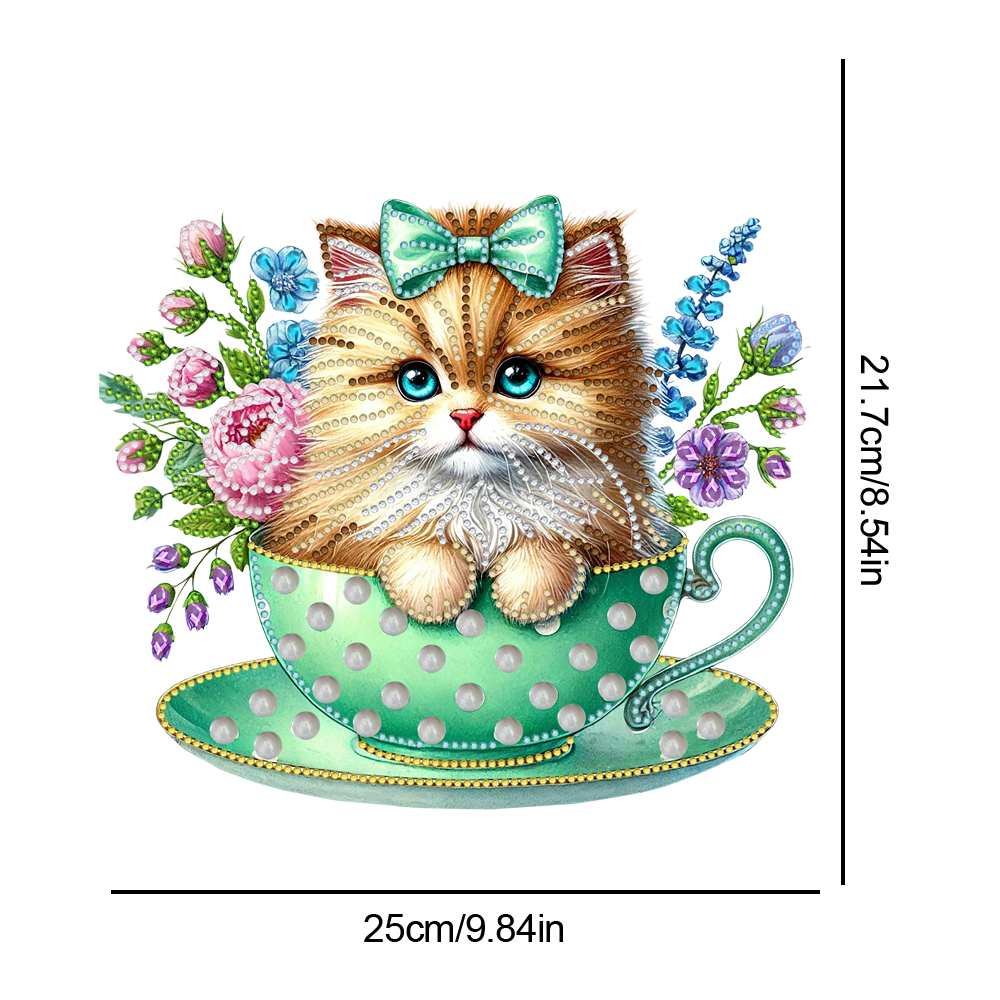 2D Flat Print Teacup Cat DIY Desktop Diamond Art Kits Bedroom Table Decoration