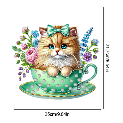 2D Flat Print Teacup Cat DIY Desktop Diamond Art Kits Bedroom Table Decoration