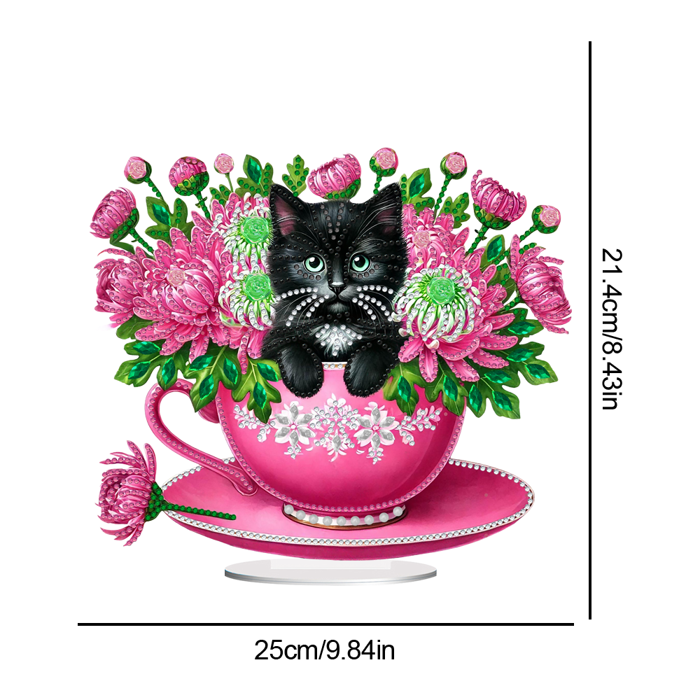 2D Flat Print Teacup Cat DIY Desktop Diamond Art Kits Bedroom Table Decoration
