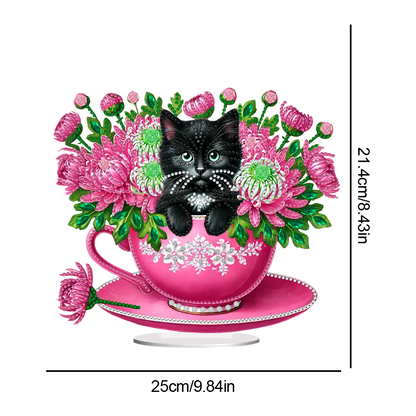 2D Flat Print Teacup Cat DIY Desktop Diamond Art Kits Bedroom Table Decoration