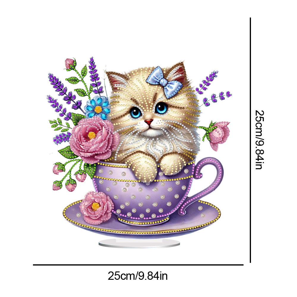 2D Flat Print Teacup Cat DIY Desktop Diamond Art Kits Bedroom Table Decoration