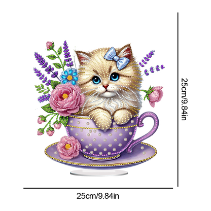 2D Flat Print Teacup Cat DIY Desktop Diamond Art Kits Bedroom Table Decoration
