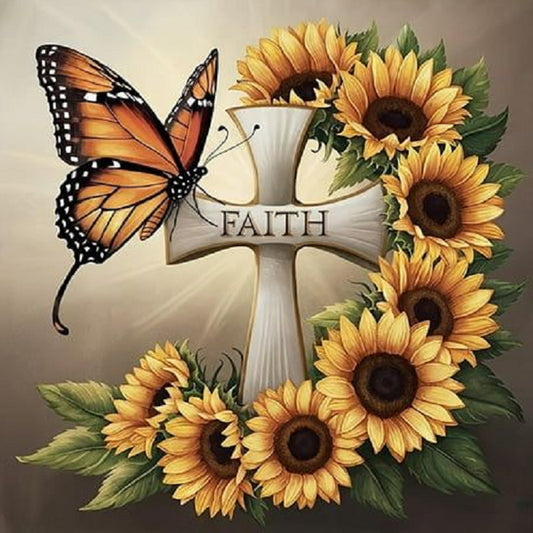 Sunflower Butterfly Cross - Full Round Drill Diamond Painting 30*30CM