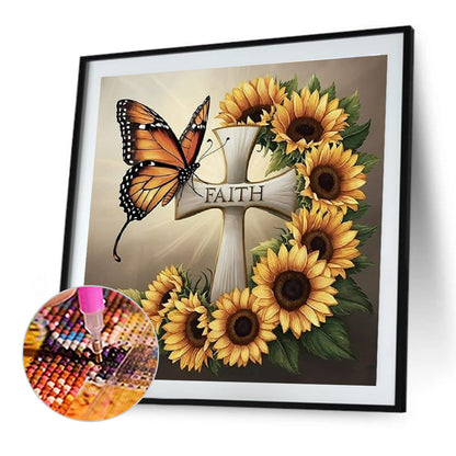 Sunflower Butterfly Cross - Full Round Drill Diamond Painting 30*30CM