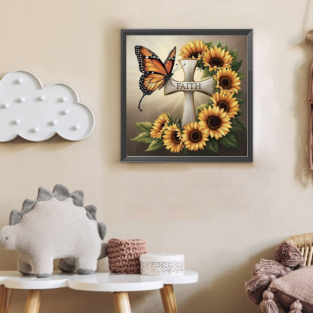 Sunflower Butterfly Cross - Full Round Drill Diamond Painting 30*30CM