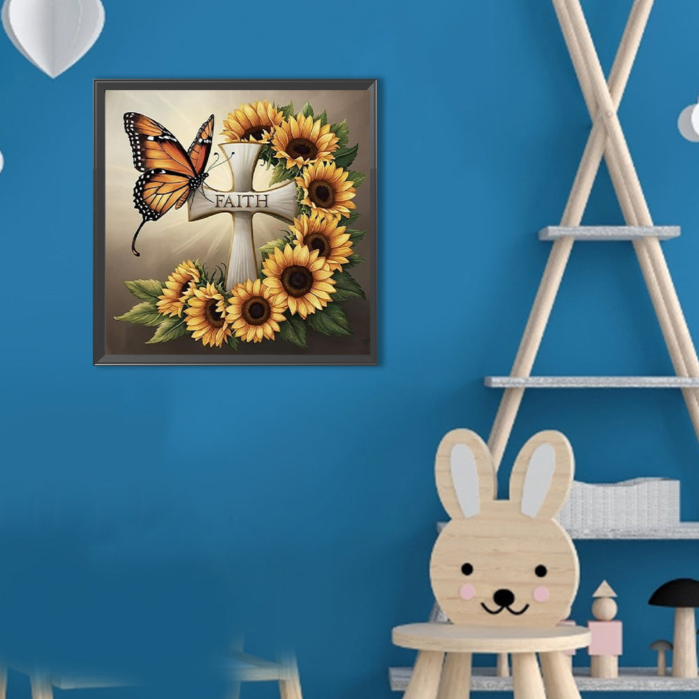 Sunflower Butterfly Cross - Full Round Drill Diamond Painting 30*30CM