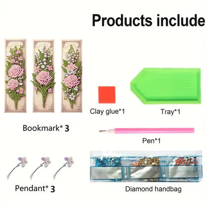 3Pcs Flower Patterns DIY Diamond Painting Art Bookmarks for Reading Enthusiasts