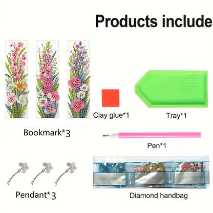 3Pcs Flower Patterns DIY Diamond Painting Art Bookmarks for Reading Enthusiasts