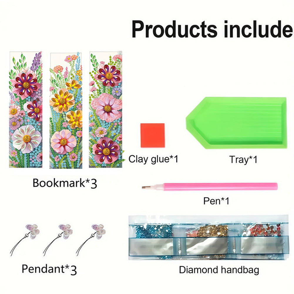 3Pcs Flower Patterns DIY Diamond Painting Art Bookmarks for Reading Enthusiasts