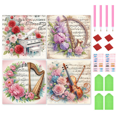 4 Pcs Musical Instruments And Flowers - Special Shaped Drill Diamond Painting 30*30CM