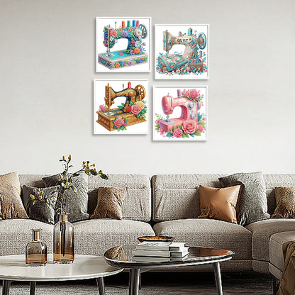4 Pcs Sewing Machine And Flowers - Special Shaped Drill Diamond Painting 30*30CM