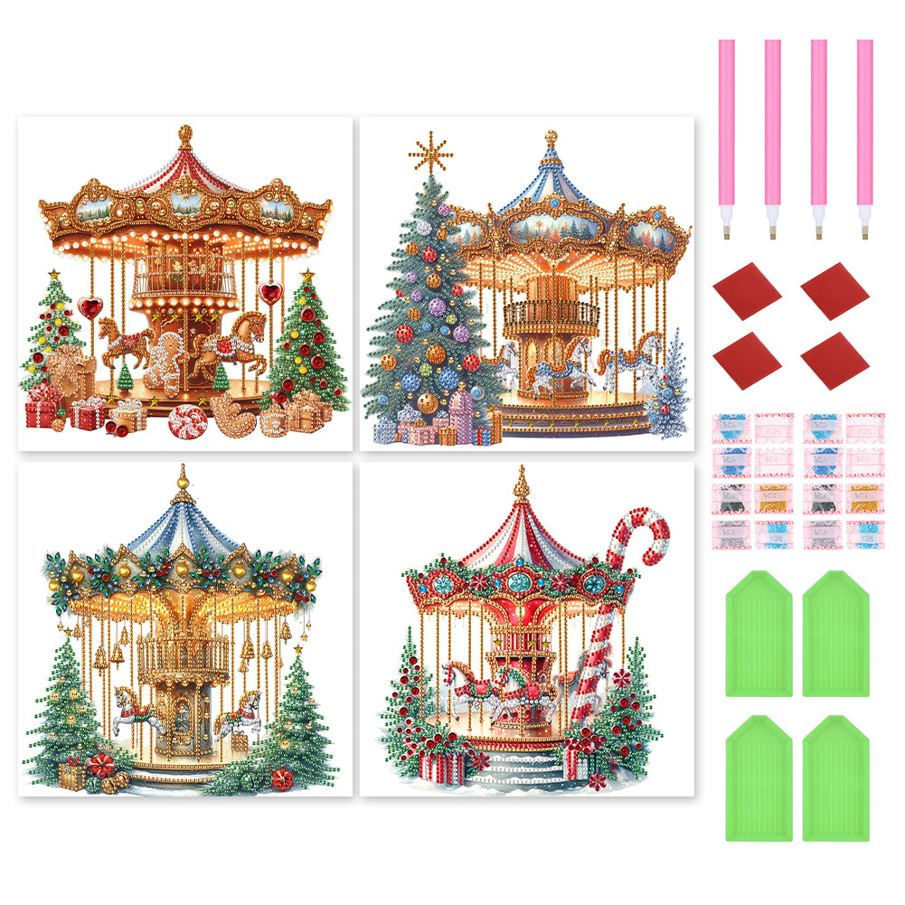 4 Pcs Carousel And Christmas Tree - Special Shaped Drill Diamond Painting 30*30CM