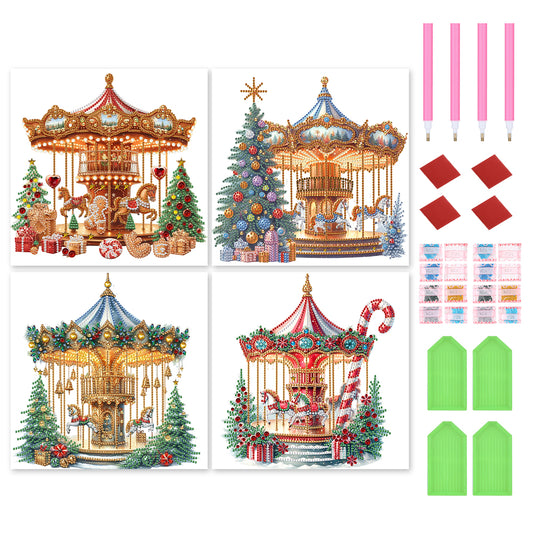 4 Pcs Carousel And Christmas Tree - Special Shaped Drill Diamond Painting 30*30CM