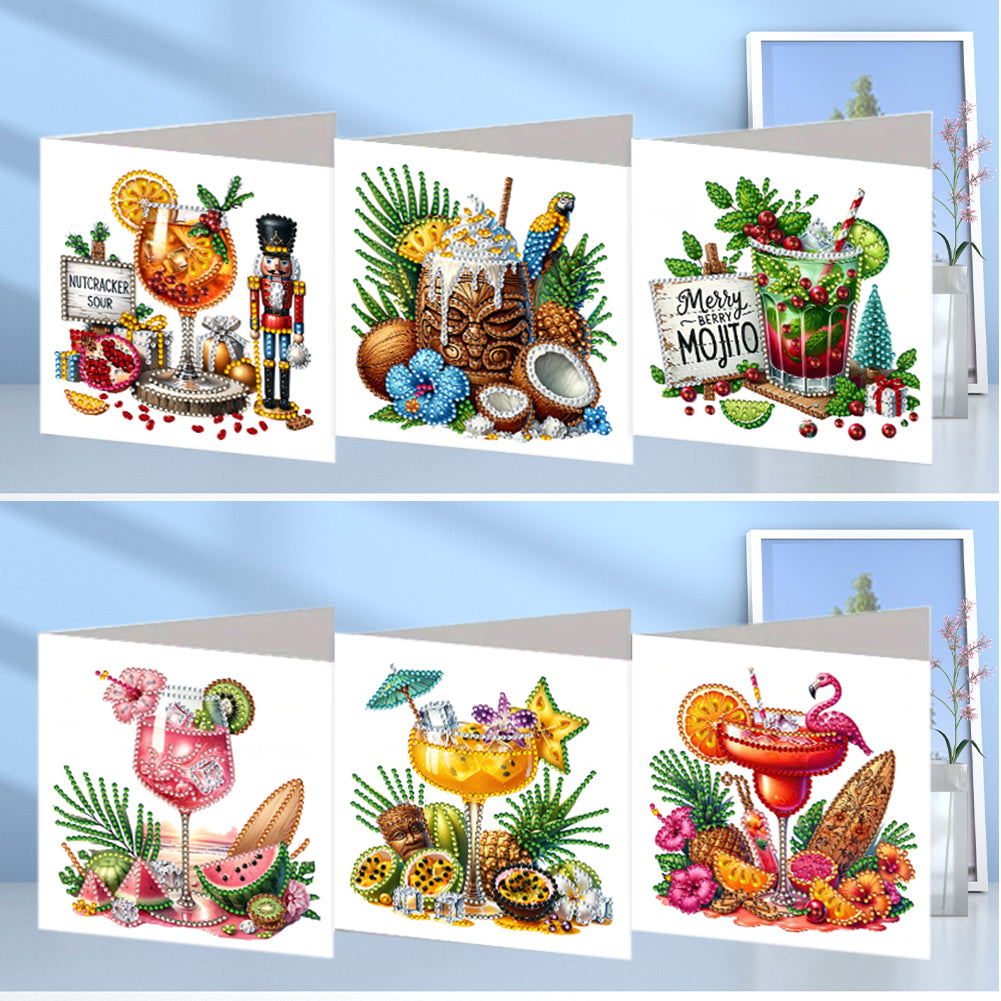6PCS DIY Diamond Art Greeting Cards Drinks Pattern Congratulations Cards & Gifts