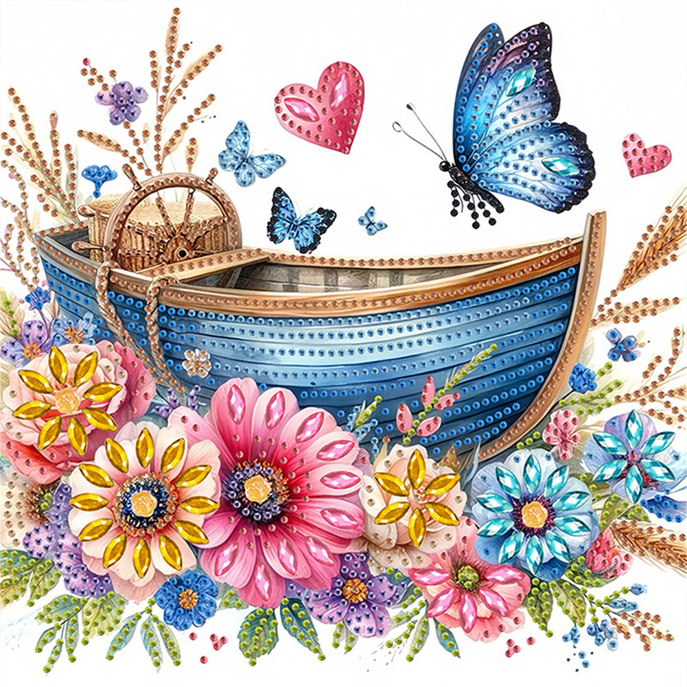 Blooming Flower Boat Butterfly - Special Shaped Drill Diamond Painting 30*30CM