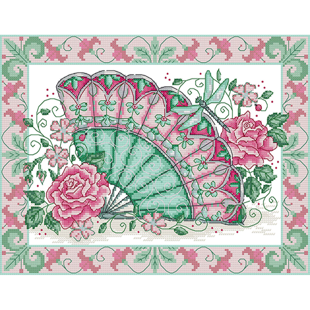 Oriental Rose Fan - 14CT Stamped Cross Stitch 36*29CM(Joy Sunday)