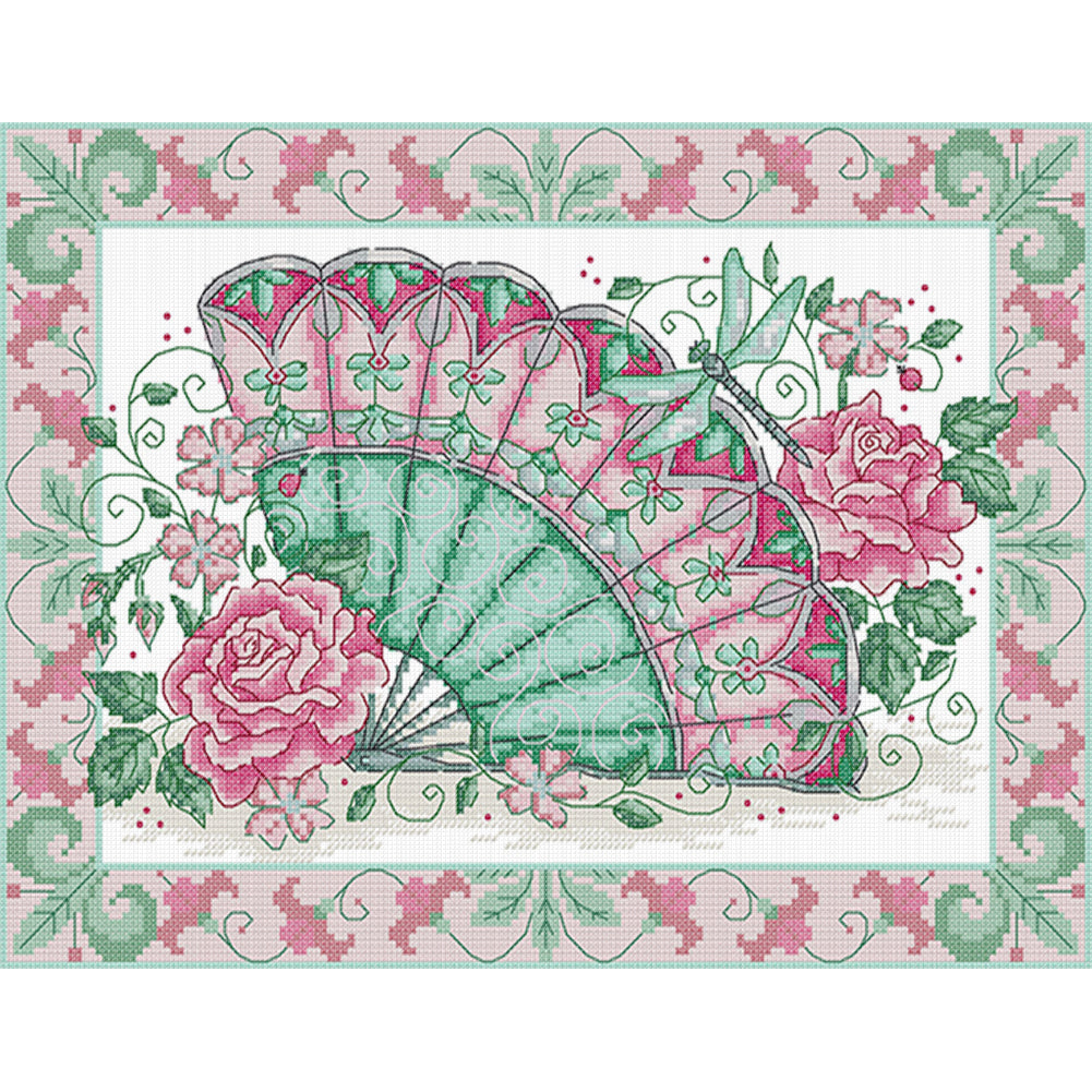 Oriental Rose Fan - 14CT Stamped Cross Stitch 36*29CM(Joy Sunday)