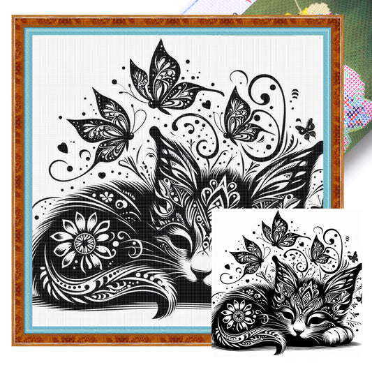Cut Shadow-Cat And Butterfly - 11CT Stamped Cross Stitch 40*40CM