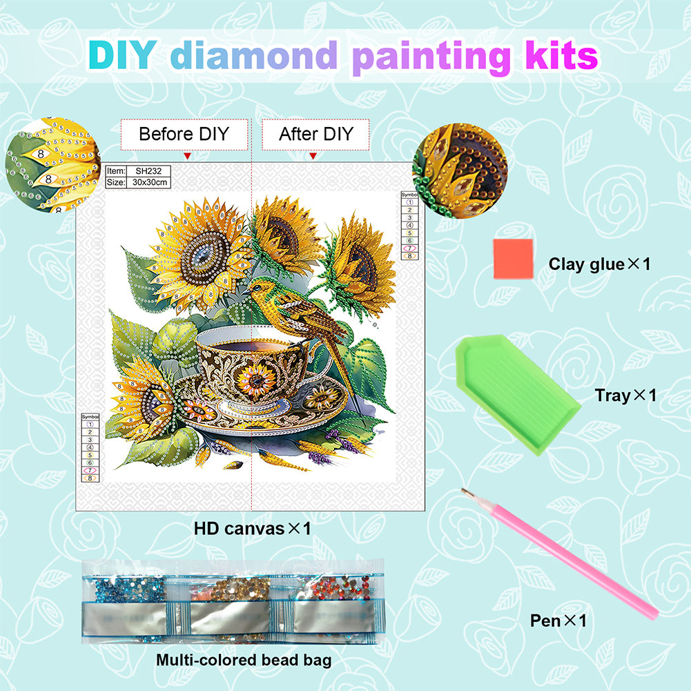 Sunflower Teacup - Special Shaped Drill Diamond Painting 30*30CM